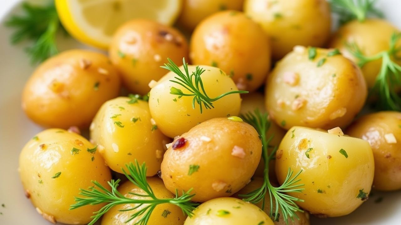 بطاطس جديدة بصلصة الليمون والشبت الطازج، طبق جانبي منعش