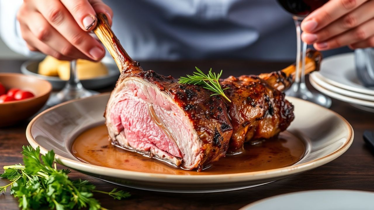 فخذ ضأن عصاري مع أطباق جانبية وتتبيلة أعشاب