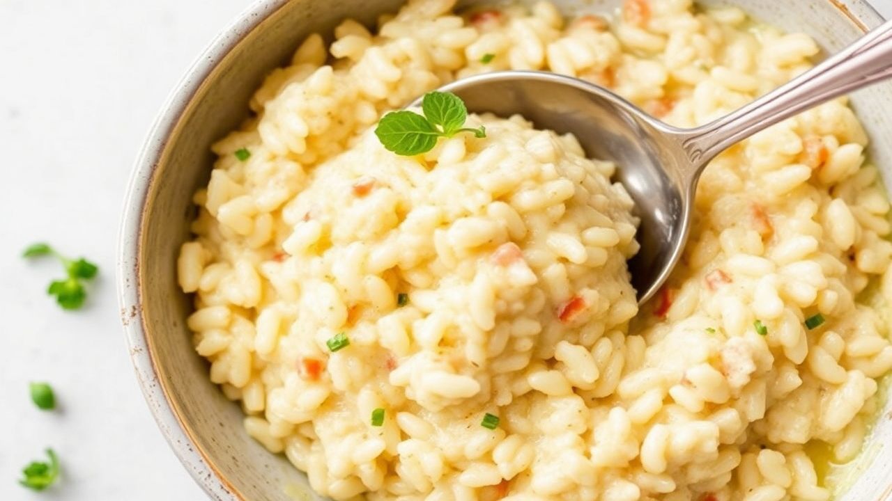 ريزوتو لزج ومقرمش في طبق، يوضح مشاكل القوام وكيفية إصلاحها