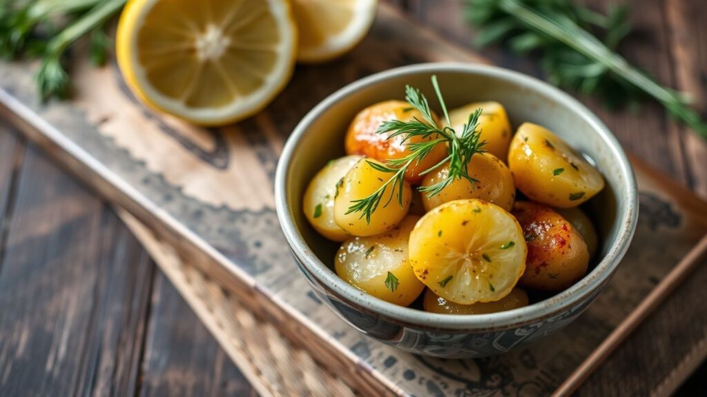 بطاطس جديدة بالليمون والشبت: شرائح ذهبية مغطاة ببرش ليمون طازج