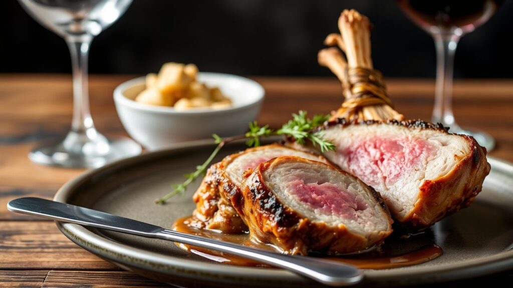 فخذ ضأن طري متبل على صينية مع أطباق جانبية ونبيذ