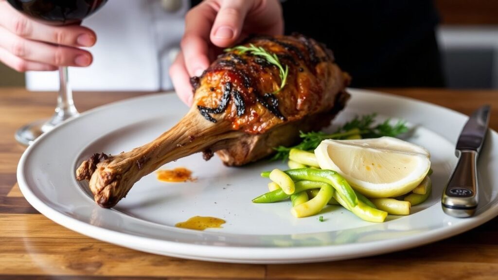 فخذ ضأن مشوي طري وعصاري مع بطاطا مشوية وخضار طازجة