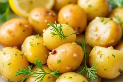 بطاطس جديدة بصلصة الليمون والشبت الطازج، طبق جانبي منعش