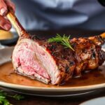 فخذ ضأن عصاري مع أطباق جانبية وتتبيلة أعشاب