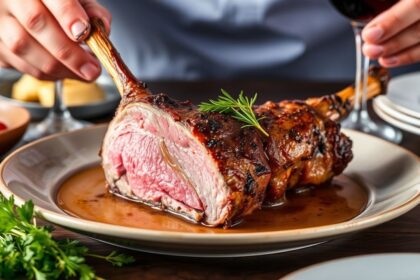 فخذ ضأن عصاري مع أطباق جانبية وتتبيلة أعشاب