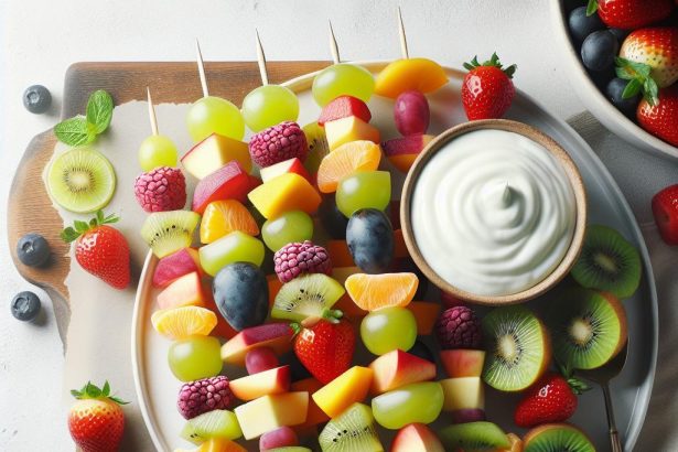 Colorful Fruit Skewers Paired with Creamy Yogurt Dip