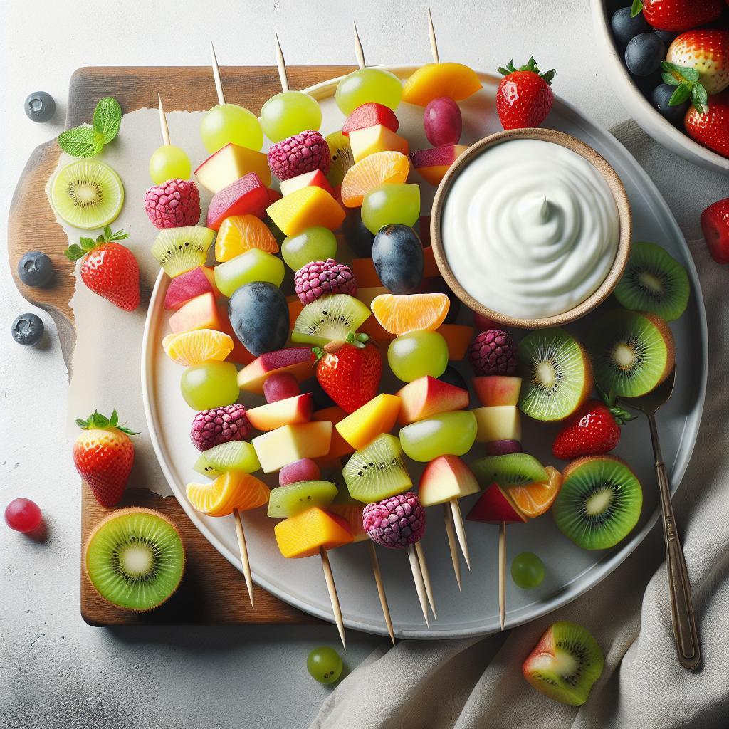 Colorful Fruit Skewers Paired with Creamy Yogurt Dip